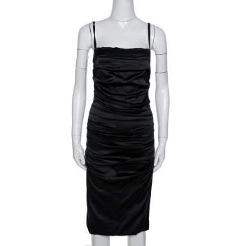 Pre Owned Dolce & Gabbana Black Silk Sleeveless Gathered Dress M