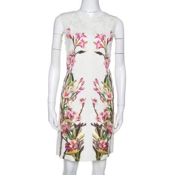 Pre Owned Dolce & Gabbana Off White Floral Print Cotton Jacquard Shift Dress M