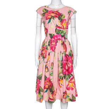 Pre Owned Dolce & Gabbana Pink Rose Print Cotton Flared Dress M