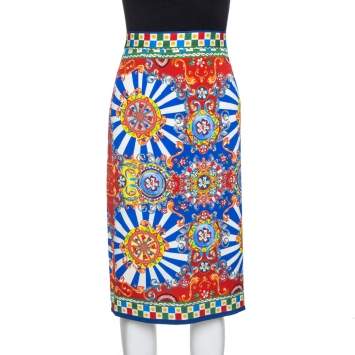 Pre Owned Dolce & Gabbana Multicolor Carretto Siciliano Print Silk Pencil Skirt L