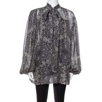 Pre Owned Dolce & Gabbana Grey Paisley Print Silk Bow Tie Blouse M