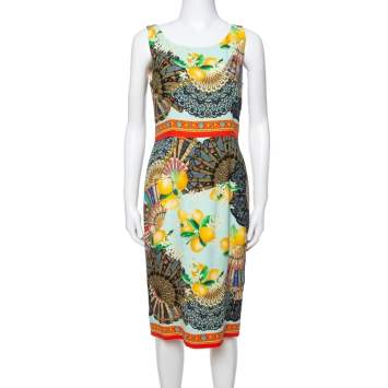 Pre Owned Dolce & Gabbana Multicolor Lemon Print Silk Crepe Sheath Dress M