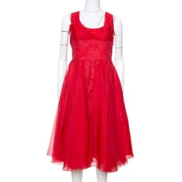Pre Owned Dolce & Gabbana Red Silk Organza Lace Trim Flared Dress M