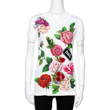 Pre Owned Dolce & Gabbana White Printed Cotton Floral Appliqued T-Shirt S