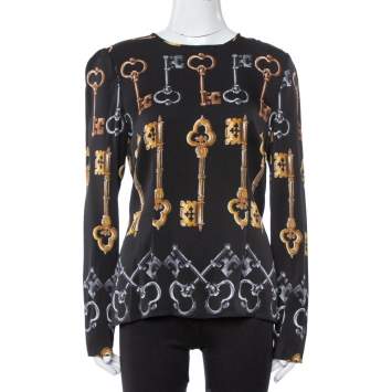 Pre Owned Dolce & Gabbana Black Key Print Silk Long Sleeve Blouse L