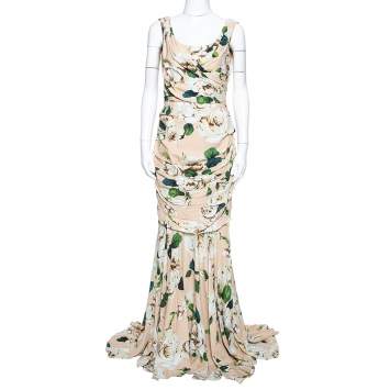 Pre Owned Dolce & Gabbana Cream Floral Print Crepe Ruched Gown M