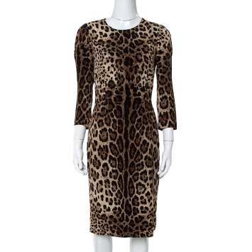 Pre Owned Dolce & Gabbana Brown Leopard Print Crepe Sheath Dress S
