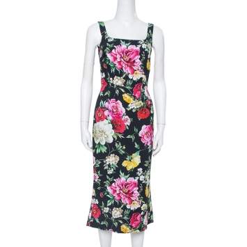 Pre Owned Dolce & Gabbana Black Floral Printed Crepe Sleeveless Midi Dress S