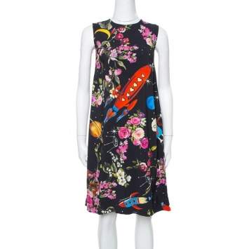 Pre Owned Dolce & Gabbana Black Crepe Rocket & Floral Print Sleeveless Shift Dress S