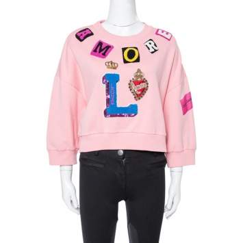 Pre Owned Dolce & Gabbana Pink Knit Amore Applique Cropped Sweatshirt S