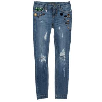 Pre Owned Dolce & Gabbana Blue Distressed Denim Button Embellished Skinny Jeans XS