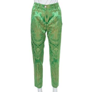 Pre Owned Dolce & Gabbana Bright Green & Gold Jacquard Tapered Trousers XS
