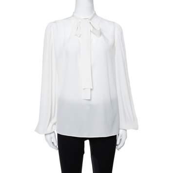 Pre Owned Dolce & Gabbana Cream Silk Neck Tie Detail Long Sleeve Blouse S