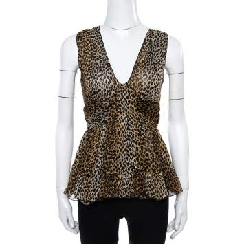 Pre Owned Dolce & Gabbana Brown Animal Print Ruffle Detail Sleeveless Top M