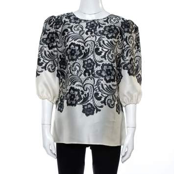 Pre Owned Dolce & Gabbana Cream White Silk Lace Print Top S