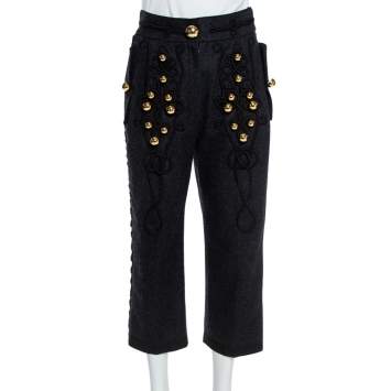 مملوكة مسبقًا Dolce & Gabbana Grey Brushed Wool Military Cropped Trousers S