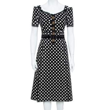 Pre Owned Dolce & Gabbana Monochrome Polka Dot Print Cotton Canvas Dress S