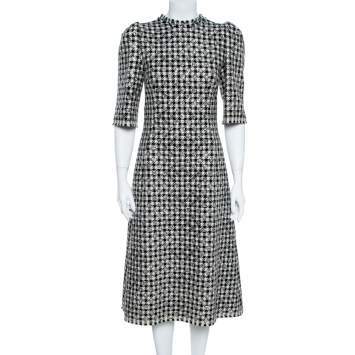 Pre Owned Dolce & Gabbana Black/White Houndstooth Tweed Blend Glitter Detail Midi Dress M
