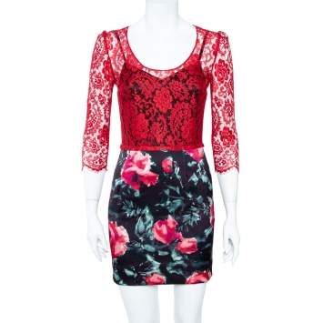 Pre Owned Dolce & Gabbana Red Lace Bodice Floral Print Sheath Dress M