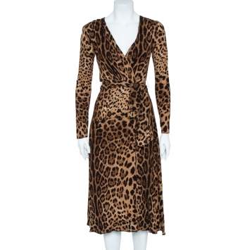 Pre Owned Dolce & Gabbana Brown Leopard Print Wrap Effect Midi Dress XS