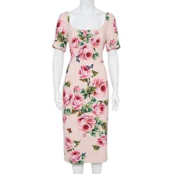 Pre Owned Dolce & Gabbana Pink Floral Printed Crepe Sheath Dress L