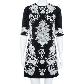 Pre Owned Dolce & Gabbana Black Jacquard Contrast Floral Lace Shift Dress S