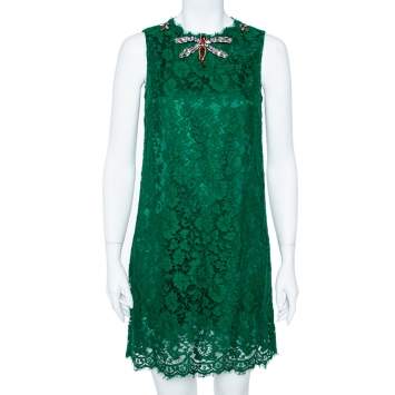 Pre Owned Dolce & Gabbana Green Lace Dragonfly Embellished Sleeveless Shift Dress S 