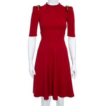 Pre Owned Dolce & Gabbana Red Crepe Puff Sleeve A-Line Dress XS