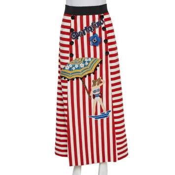 Pre Owned Dolce & Gabbana Bicolor Striped Cotton Embellished Maxi Skirt S