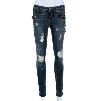 Pre Owned Dolce & Gabbana Blue Distressed Denim Button Embellished Pretty Fit Jeans S