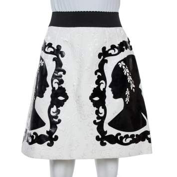 Pre Owned Dolce & Gabbana Monochrome Portrait Appliqué Brocade Skirt M