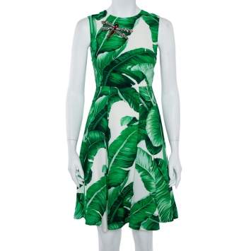 Pre Owned Dolce & Gabbana White & Green  Banana Leaf Print Libellula Detail Short Dress XS