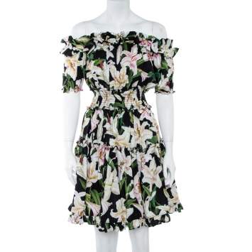 Pre Owned Dolce & Gabbana Cotton Lily Print Off Shoulder Dress S