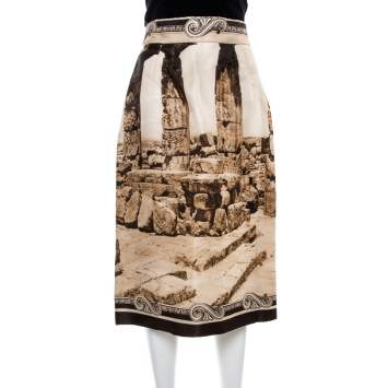 Pre Owned Dolce & Gabbana Beige Photograph Print Knee Length Skirt M