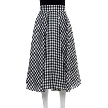 Pre Owned Dolce & Gabbana Monochrome Silk Gingham Check Flared Skirt M