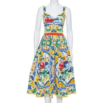 Pre Owned Dolce & Gabbana Multicolor Floral Printed Cotton Corset Crop Top & Skirt S