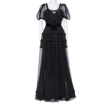 Pre Owned Dolce & Gabbana Black Tulle Ruffle Lace Detail Flared Maxi Dress S