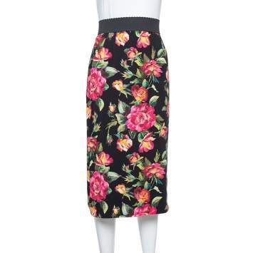 Pre Owned Dolce & Gabbana Black Crepe Floral Printed Pencil Skirt L