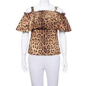 Pre Owned Dolce & Gabbana Brown Leopard Print Cotton Off Shoulder Blouse XS