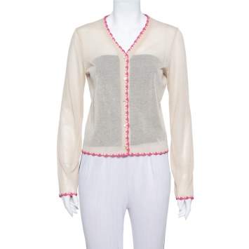 Pre Owned Dolce & Gabbana Vintage Beige Knit Contrast Trim Crochet Button Front Cardigan L