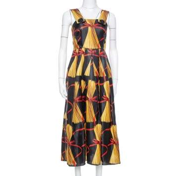 Pre Owned Dolce & Gabbana Black Spaghetti Printed Silk Organza Midi Dress M