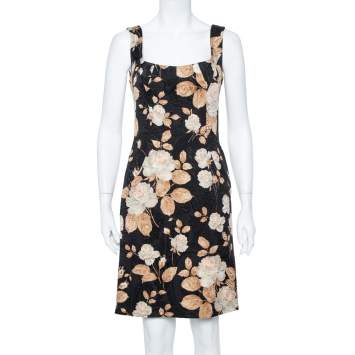 Pre Owned Dolce & Gabbana Vintage Black Floral Printed Jacquard Sheath Dress M