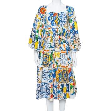Pre Owned Dolce & Gabbana Multicolor Majolica Printed Cotton Flared Midi Dress S