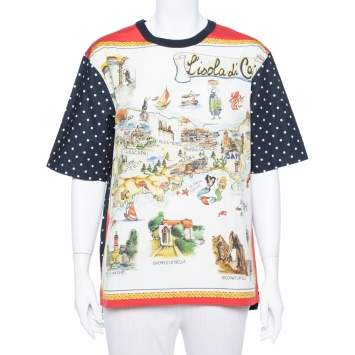 Pre Owned Dolce & Gabbana Capri Navy Blue Cotton Multiprint Crewneck Boxy Top S