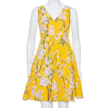 Pre Owned Dolce & Gabbana Yellow Floral Jacquard Sleeveless Flared Midi Dress S
