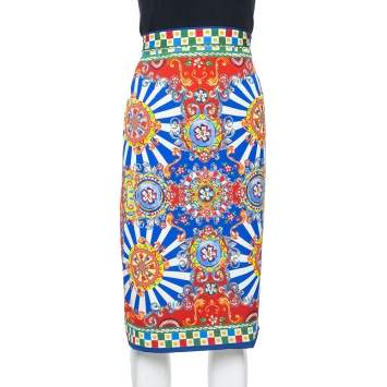 Pre Owned Dolce & Gabbana Multicolor Carretto Siciliano Print Silk Pencil Skirt L