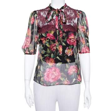 Pre Owned Dolce & Gabbana Multicolor Silk & Lace Neck Tie Detail Sheer Top S