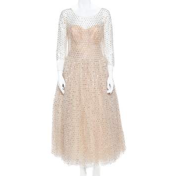 Pre Owned Dolce & Gabbana Cream Crystal Embellished Tulle Evening Gown L