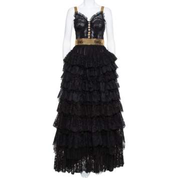 Pre Owned Dolce & Gabbana Black Floral Lace & Tulle Sequin Embellished Tiered Evening Gown S