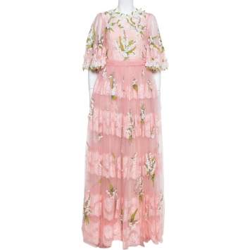 Pre Owned Dolce & Gabbana Pink Tulle Floral Applique Detail Maxi Dress M